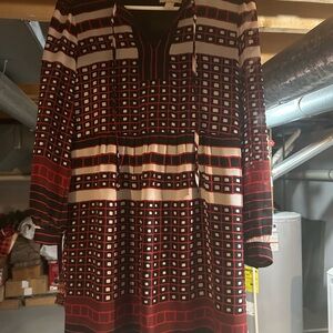 LOFT Brown and White Long Sleeve Scoop Neck Dress